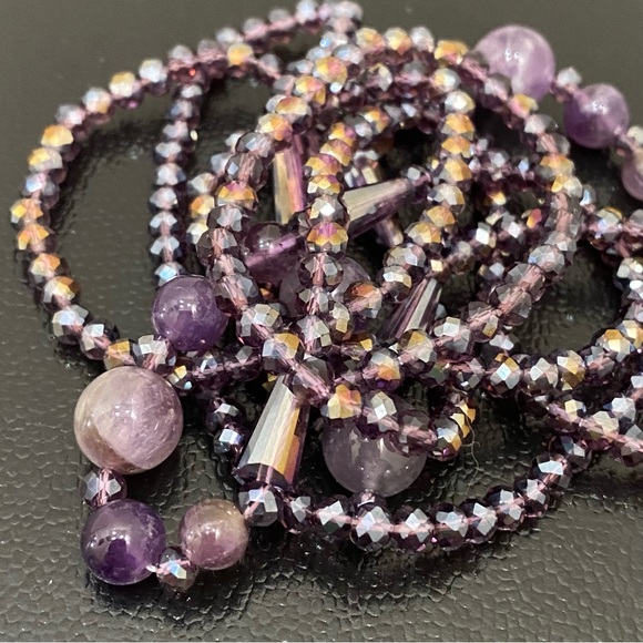Handmade Amethyst Stone AB Purple Crystal Beads Lariat 40” Necklace - Picture 15 of 16